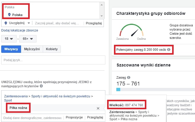 Zainteresowania na facebooku - grupy odbiorców (screen)