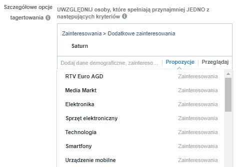 Zainteresowania na Facebooku (screen)